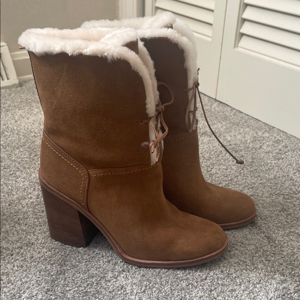 UGG Tan Heeled Boots with Cream Fur Lining